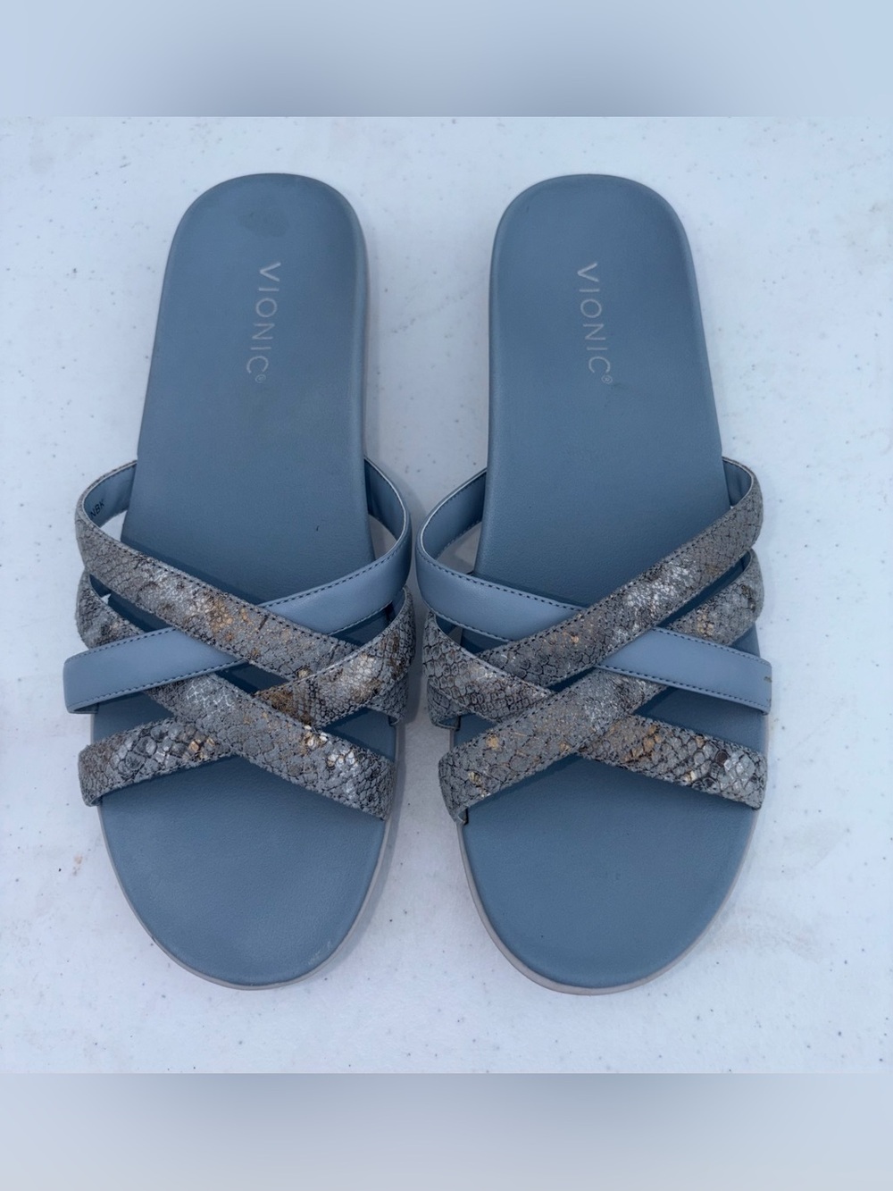 Vionic Women's Slate Blue Crisscross Snake-Print Slide Sandals